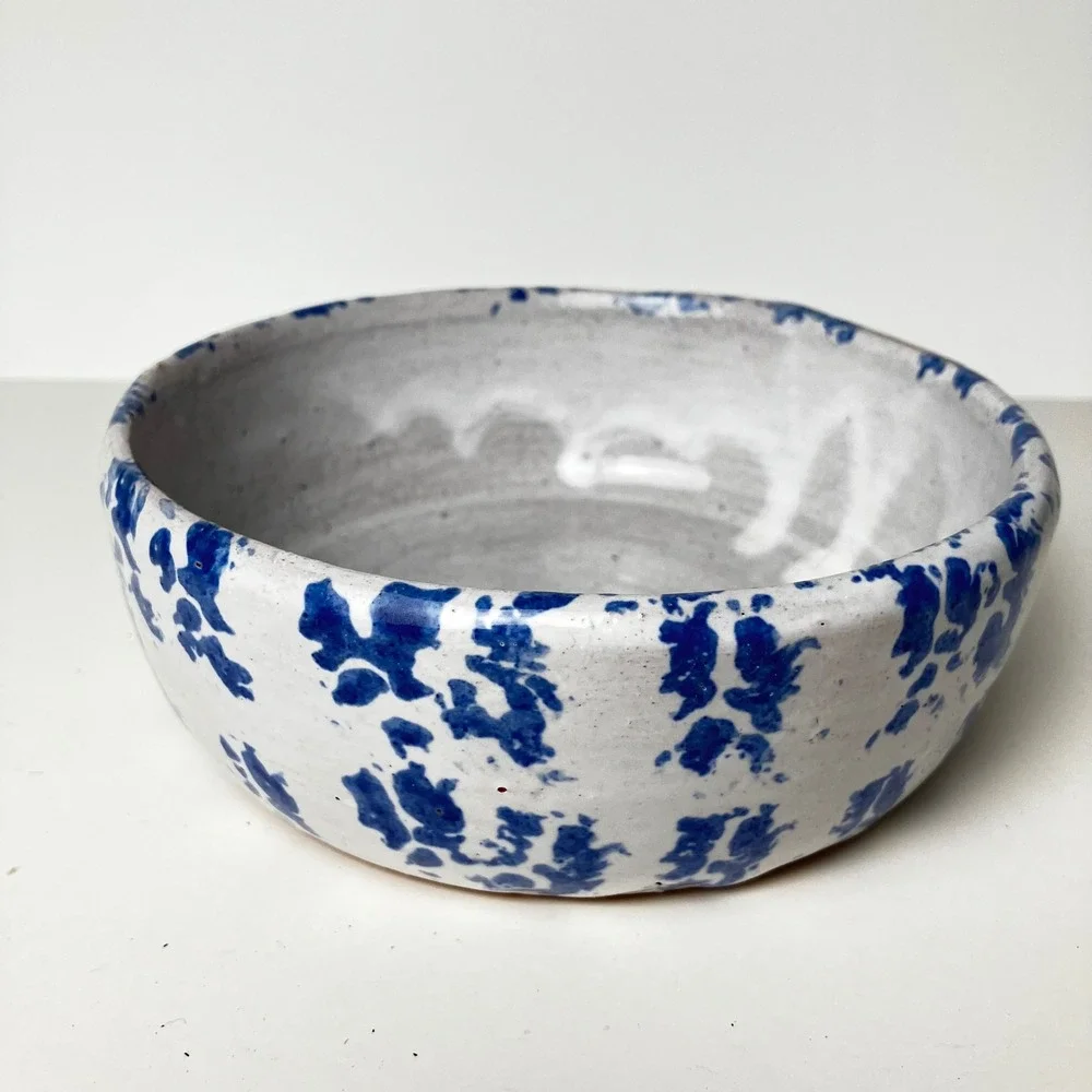Bybee Pottery Serving Bowl 6.5in White Blue Sponge Glaze Vintage Stoneware